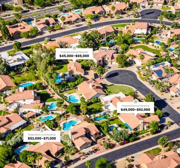 Aerial view of a residential neighborhood with pools