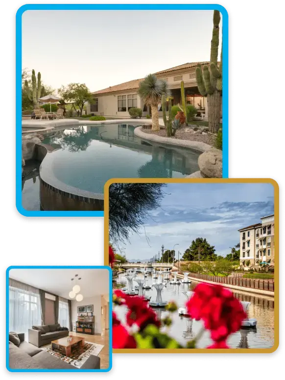 Collage of a resort-style pool, a guest bedroom and a patio with flowers